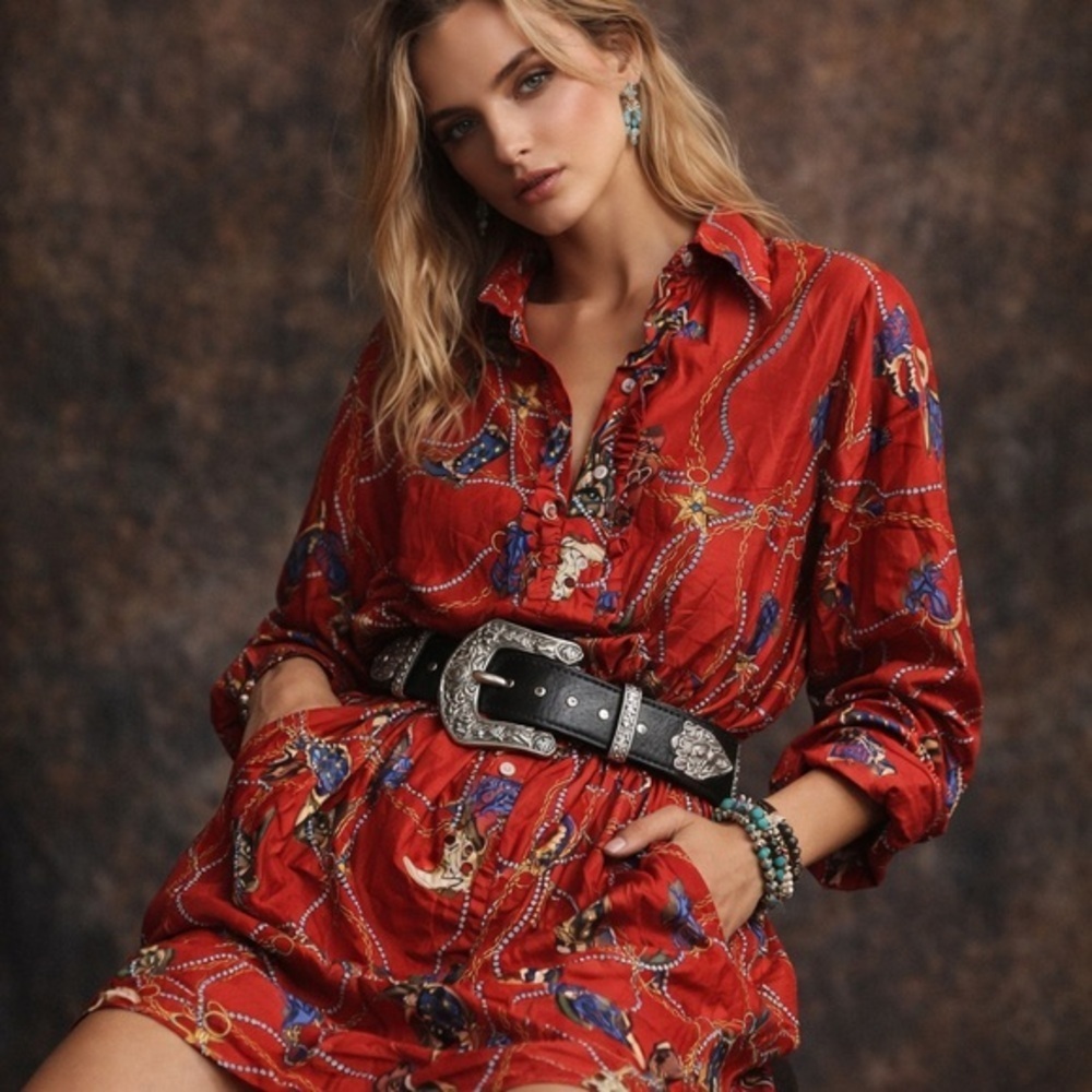 Sandro red silk cowboy boot western style long sleeve dress - Picture 5 of 16